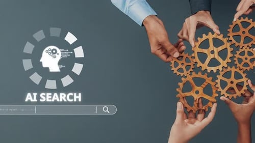Hands Collaborating to Illustrate AI Search Concept with Gears and Graphical Head Silhouette Over Mo