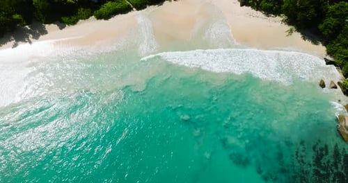 Turquoise Waters Meeting Sandy Beach with Lush Green Vegetation Seychelles Mahe