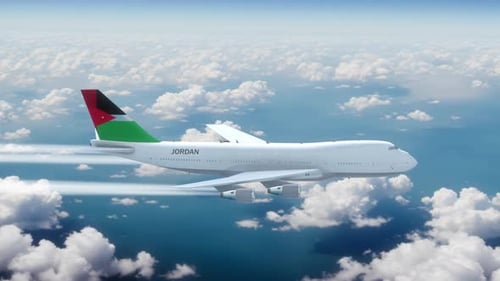 Commercial Airliner Passanger Plane Jumbo Jet Flying Over Clouds With Country Flag Jordan