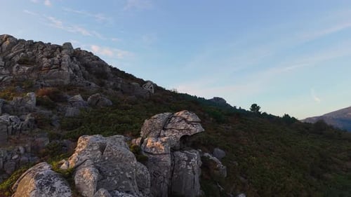 Rocky Mountains Of Monte Louro At Sunset In Louro, A Coruna, Spain. Aerial Drone Shot