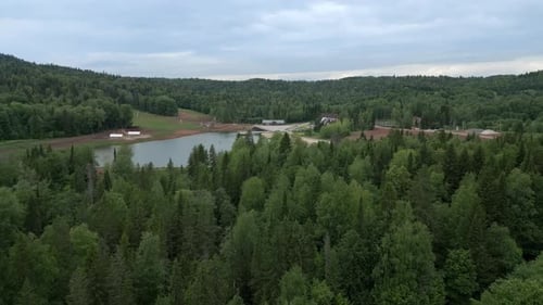 Vista aérea serena e bonita de uma floresta verde exuberante e um lago tranquilo e tranquilo Clip