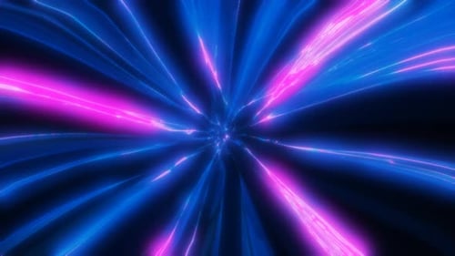 Energy hyper tunnel purple background with neon lights and stripes