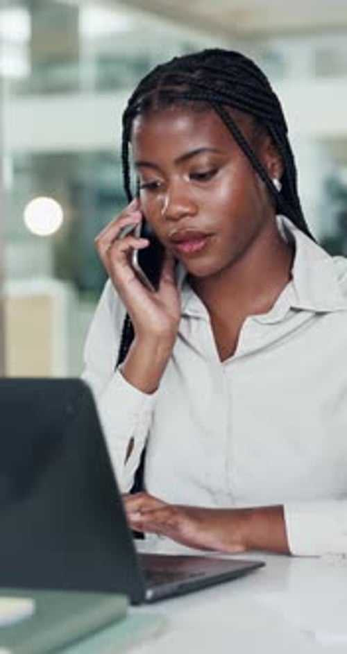 Woman, speaking or phone call in office with laptop for b2b networking, planning or communication