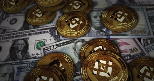 Binance Coin BNB Cryptocurrency on US Dollar Banknotes Financial Background