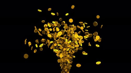 Golden Coins Bursting Upward Animation with Alpha Channel