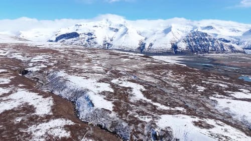 Aerial Panoramic Snowy Landscape Iceland Svartifoss Waterfall Earthy Formations Nordic National Park