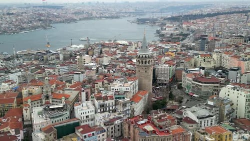 the Galata Tower and the Golden Horn strait zoom-out shot