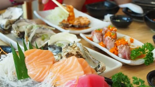 Assortment of Japanese Cuisine with Sashimi and Sushi