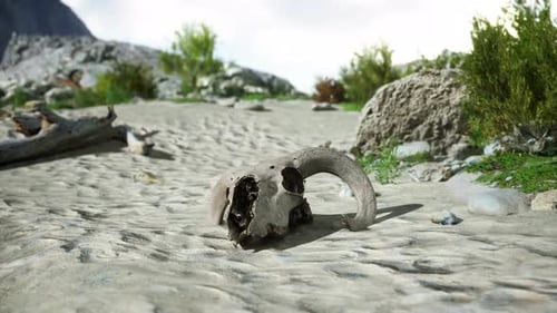 Weathered Ram Skull in a Desolate Desert Landscape