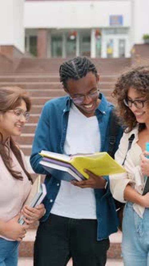 Multiethnische Universitätsstudenten studieren gemeinsam auf den Stufen des Campus