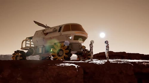 Futuristic Space Rover and Astronauts Exploring an Alien Planet