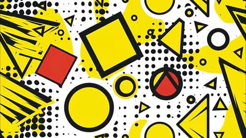 Patrón pop art de Memphis sin fisuras con formas geométricas amarillas, puntos de semitono y un atrevido estilo de dibujos animados