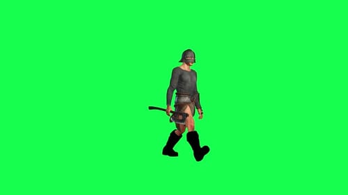 Soldier in chroma key walking ax in hand in old battle uniform 3d people man rendered animated