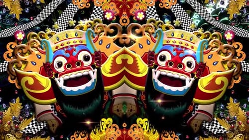 Vibrant Ornate Cultural Mask Mirrored Looping Background Animation