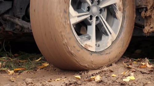 Closeup View of an SUV Wheel in the Mud The Vehicle is Stuck Offroad