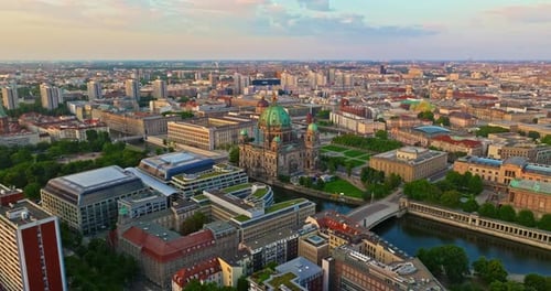 Aerial View of Famous Berlin Cathedral at Sunrise with Famous Television Tower is in the Background