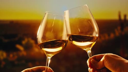 Orange or White Wine Bottle and Glass Against a Sunset in a Peaceful Vineyard Pouring of Ecological