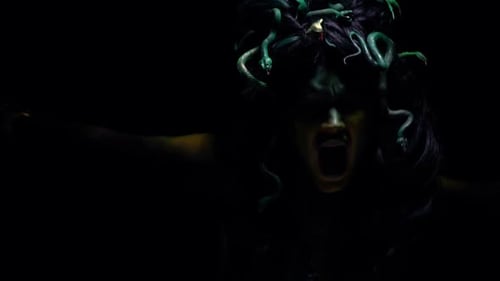 Artistic Woman Posing with Snake Hair in Darkness