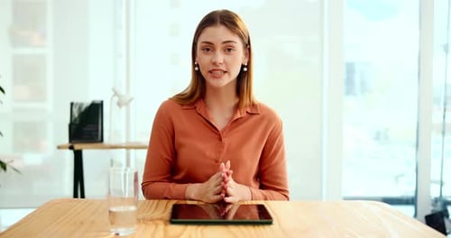 Woman, face or video call in office for advice, consulting or virtual contact in POV