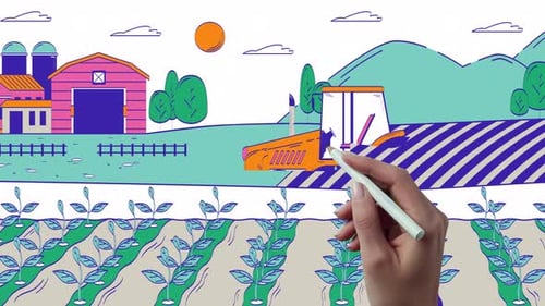 Tractor riding through farmland fields hand drawn whiteboard animation
