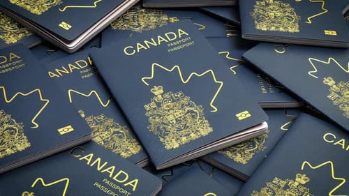A Lot of Canada Passports Canada Immigration Citizenship Travel and Tourism Concept 3d Animation