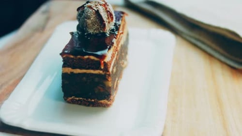 Chocolate Cake on a Plate Being Cut With Fork