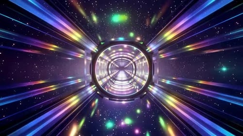 Tunnel de voyage spatial de science-fiction avec néons arc-en-ciel