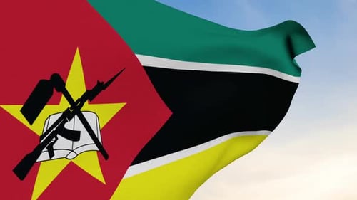 Mozambique Flag Waving In Blue Sky Side View