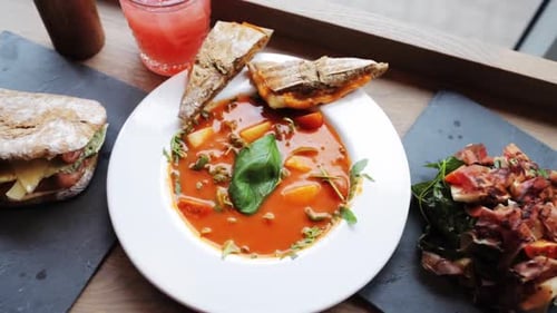 Delicious Appetizers of Soup, Sandwiches, and Salad