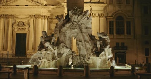 Clip of Navona Square or Piazza Navona in Rome, Italy with Fountain of the Four Rivers. Roman archit