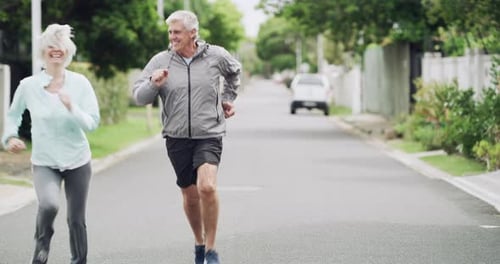 Fitness, running and happy senior couple with exercise and run in neighborhood street