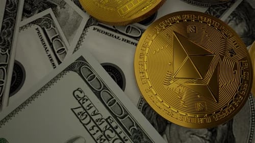 Ethereum Eth Coins With 100 Dollars Bills. Digital Crypto Coin And Cryptocurrency