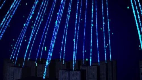 Digital Data Flow Over Server Racks with Binary Code