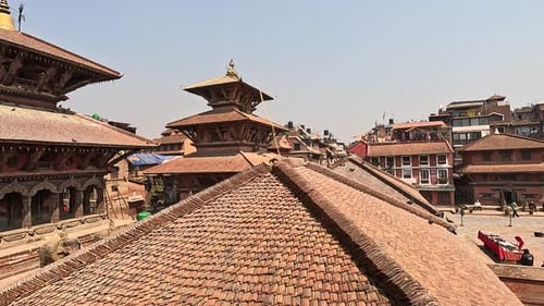 View over the temple roof tiles of Patan Darbar Square. Lalitpur in Kathmandu Valley, Nepal. Krishna