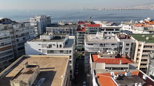 4K Drone Footage of Coastal Urban Buildings and Seaside Cityscape in Izmir, Turkey