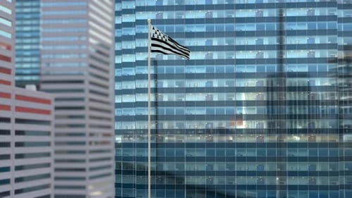 3D-Render-Animation mit bretonischer Flagge, die gegen ein gläsernes Bürogebäude weht — Tageslichtszene