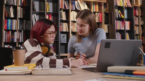 Two College Girls Preparing for Exams Together in Library