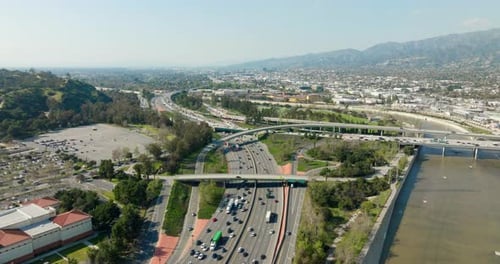 Traffic on a highway junction. Aerial view of road interchange