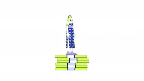 Upset european woman on cash pile line 2D character animation