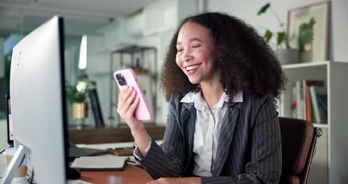 Happy woman, phone or wave with video call in office for online meeting, chat or webinar