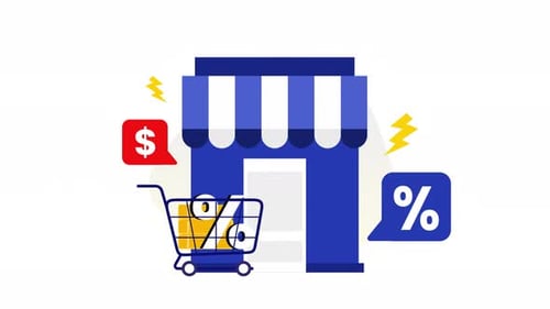 Flash sale storefront, shopping cart, and percentage icon.