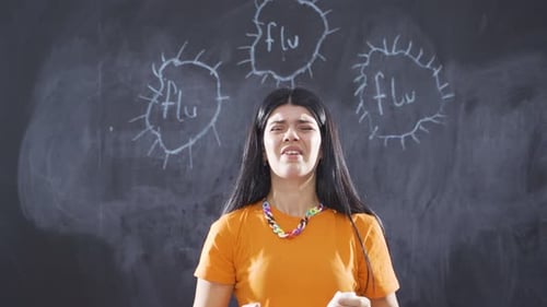 Woman Sneezing With Chalkboard Viruses