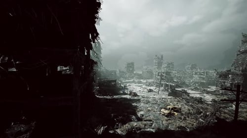 Desolate Urban Environment with Gloomy Reflections on Water Surface