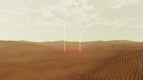 Glowing rectangular portal materializing in desert landscape