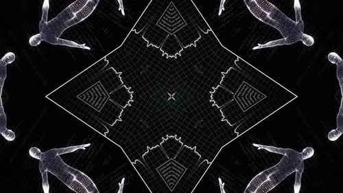 Abstract Wireframe Human Figures and Digital Code Kaleidoscope