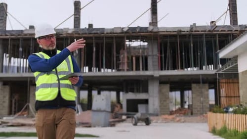 Mature man construction employee, stands with tablet and stylus, talking about construction site