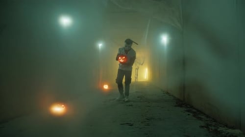 Masked Figure with Jack-O-Lantern Walking in Tunnel