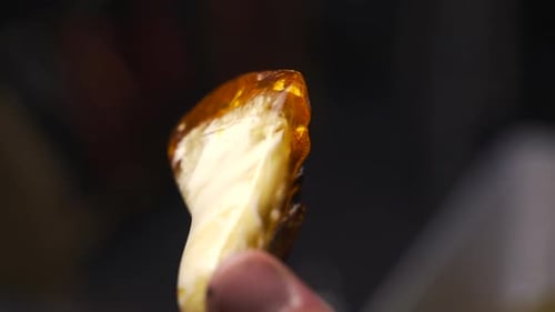 Piece of Amber Rotating in Hand Close Up