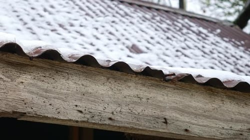 Water drips from a snow-covered corrugated iron roof on a historic miner's cottage.