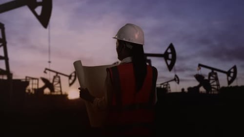 Rückansicht einer asiatischen Ingenieurin, die sich den Entwurf anschaut und Ölpumpen inspiziert